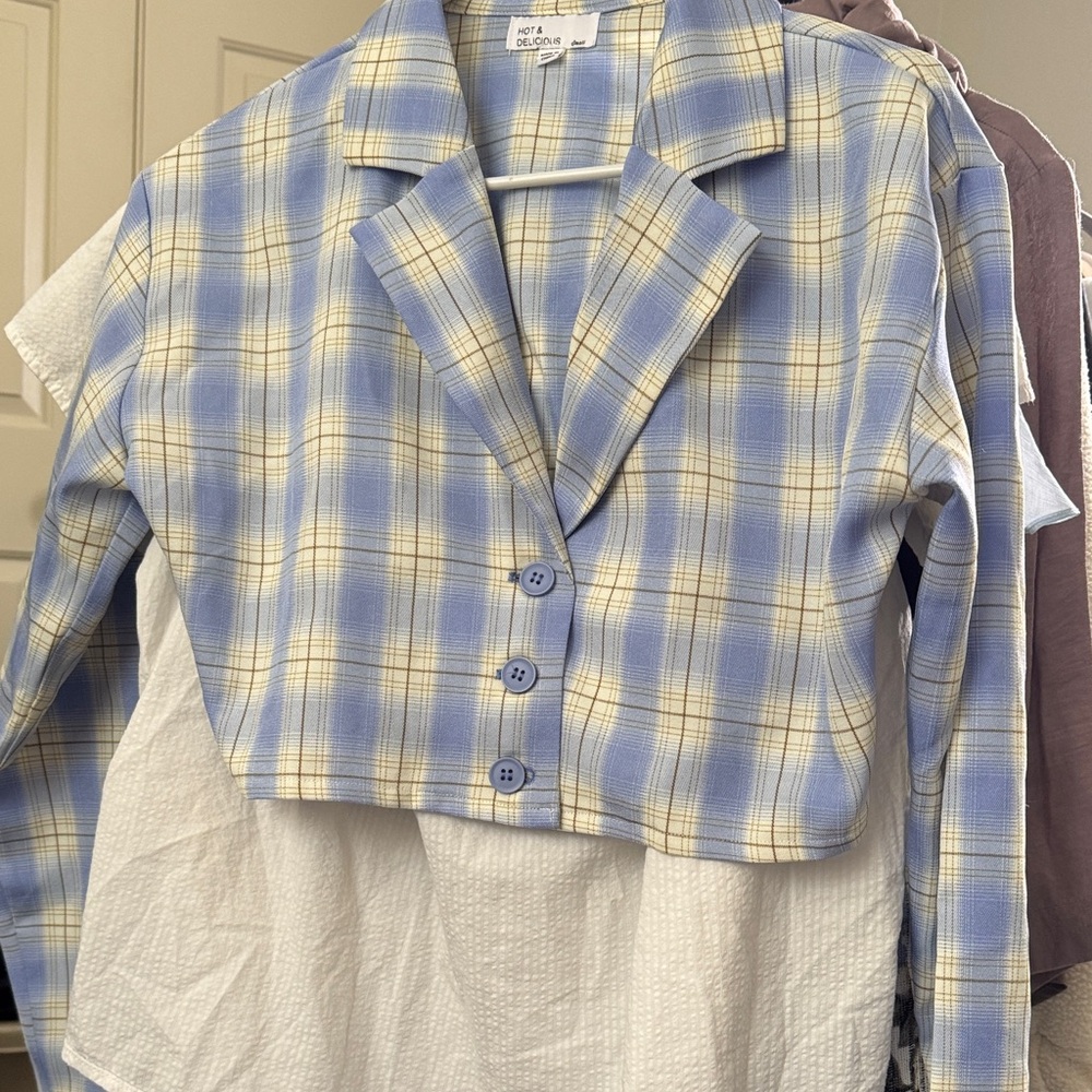 Hot & Delicious Blue and Cream Plaid Blazer